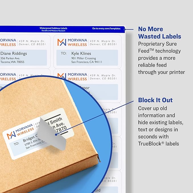 Avery Printable Shipping Labels, Sure Feed Technology, 3-1/3" x 4", White, 600 Blank Mailing Labels (8464)