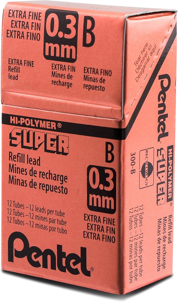 Pentel Super Hi-Polymer Lead, 0.3mm Extra Fine, B, 12 Pcs/Tube, Box of 12 Tubes (300-B)