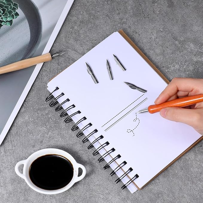 14 Pcs Calligraphy Nibs Dip Pen Nibs Holders with Comic Wooden Drawing Pens Holder with Stainless Steel Nib, Oblique Calligraphy Dip Pens Set Fluid Writer Pen for Writing, Painting, Signing, Sketch