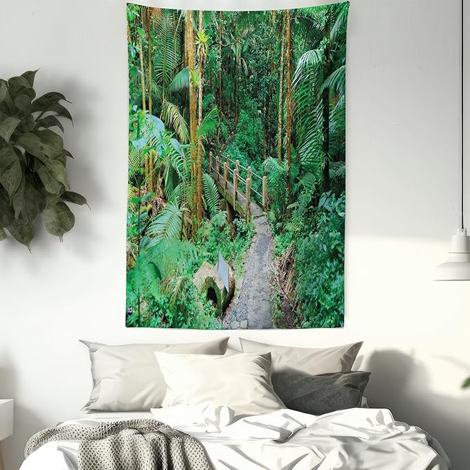 Ambesonne Puerto Rico Tapestry Queen Size, Tropical Rain Forest in San Juan Exotic Jungle Nature Photography, Wall Hanging Bedspread Bed Cover Wall Decor, 88" X 88", Green Pale Brown Ginger