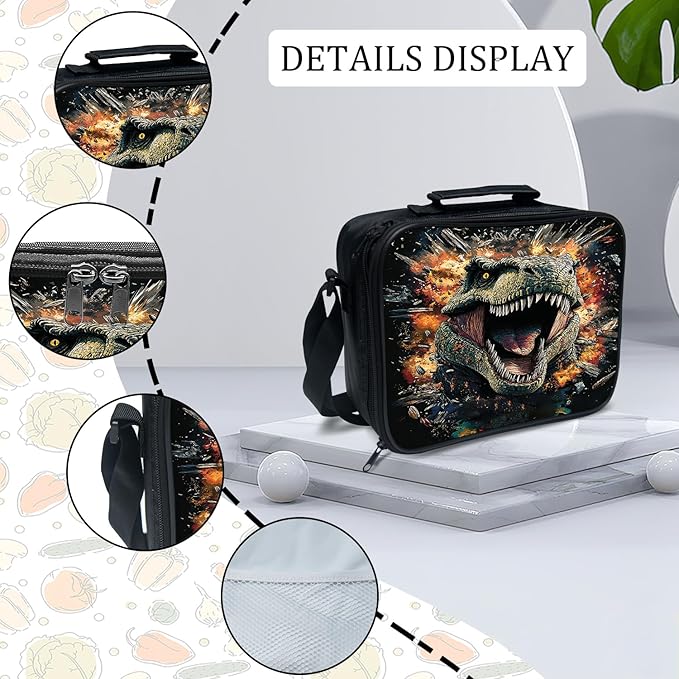 Dinosaur Backpack Set 3 Piece School Bags and Lunch Box with Pencil Case Black Dino Cool Bookbag Set for Toddler Kids Girls Boys Teens Kindergarten Elementary Middle