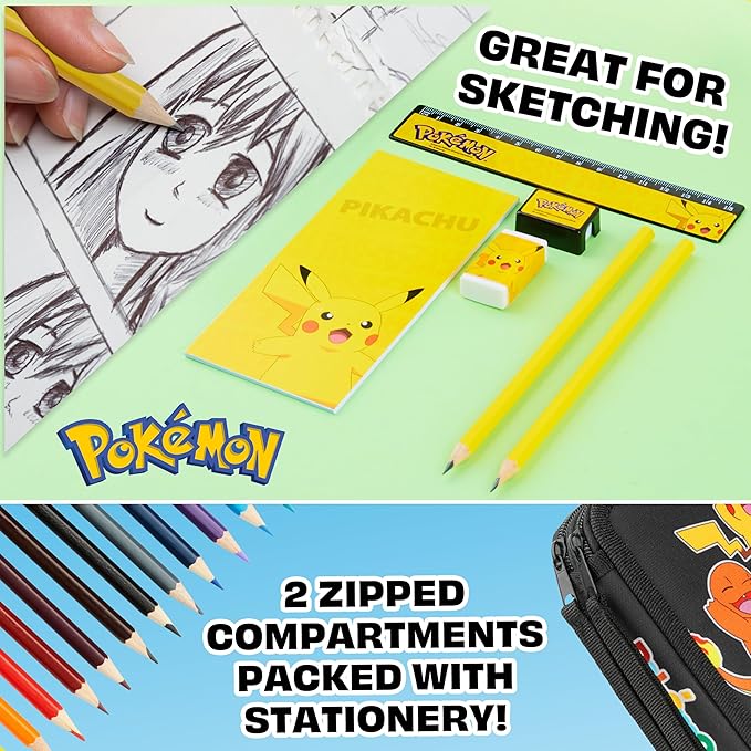 Pokemon Pencil Case for Boys Girls Pikachu Stationery Set with Colored Pencils Sharpener Ruler Eraser Notepad School Supplies Anime Gifts for Kids (Black/Multi)
