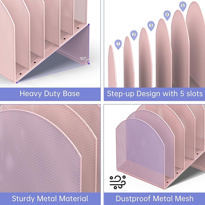 5-Section Desk File Organizer, Vertical File Organizer for Desk, Mesh Mail Holder for Letter Size Folders, Pink