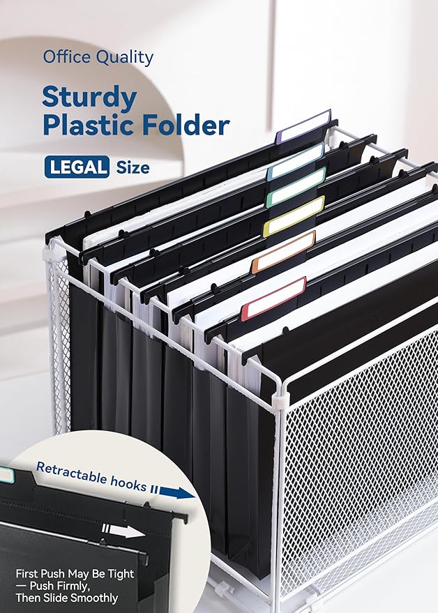 Plastic Extra Capacity Legal Size Hanging File Folders, 2" Expanding Pocket, Heavy Duty for Filing Cabinet, Insertable 1/5-Cut Tabs - 12 Pack