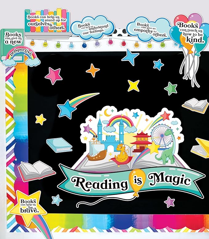 Carson Dellosa 53 pc Bundle Reading is Magic Set, Retro Rainbow, Balloons, Books, and Star Cutouts with Inspirational Quotes for Bulletin Board Classroom Decor