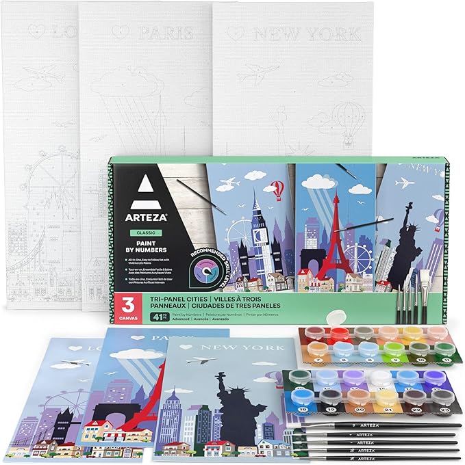 ARTEZA Paint by Numbers Kit – 8x16 in Tri-Panel Cities Scene with 3 Canvas Panels, 24 Acrylic Colors & 5 Brushes, Art Kit for Advanced Artists