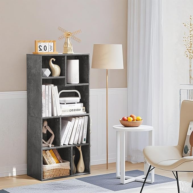 VECELO 42" Contemporary Bookshelf, 7 Cube Organizer Bookcase,Fits Tallest Hardcovers, Horizontal Available,Floor Standing Display,Easy Assembly, Gray