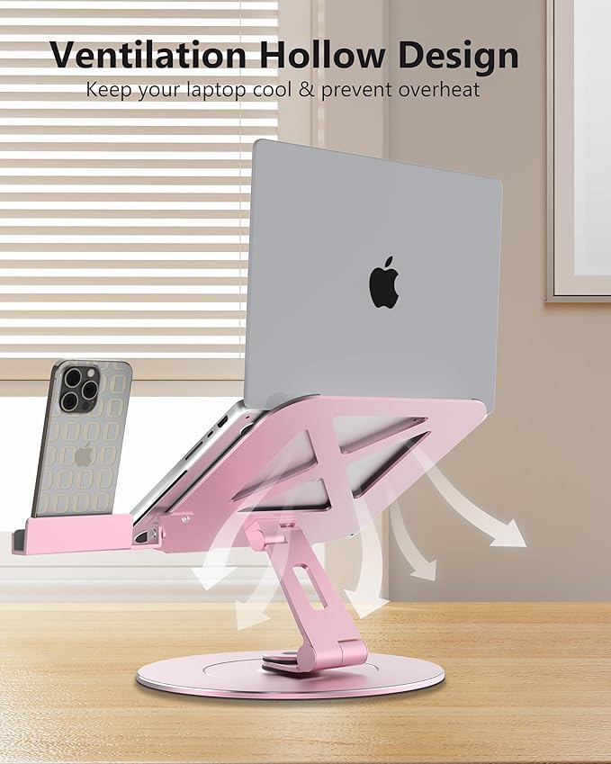 Ultra-Stable Aluminumy Laptop Stand for Desk with Foldable Phone Holder, Stylish Computer Stand for Women, Men Office, Fits Laptops, Pink