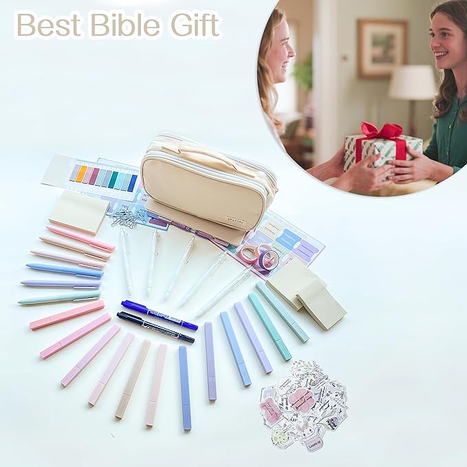 J6&H6 Bible Study Supplies Journaling Kit with Tabs, Highlighter and Color Pens,Multi Functional Pencil case.Study Group Essentials Accessories Set for Women, Beginner Christian Gifts(Lvory White)