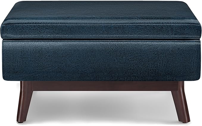 SIMPLIHOME Owen Coffee Table Storage Ottoman - 34 inch Wide Upholstered Vegan Leather Rectangular Lift-Top Ottoman in Distressed Dark Blue, Mid-Century Modern Bench for Living Room with Tapered Legs