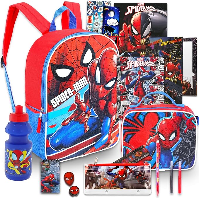 Marvel Spiderman Backpack Set - Bundle with 16" Bag, Lunch Box, Stationery, Water Bottle, Stickers, and More | Marvel School Supplies Kit for Kids