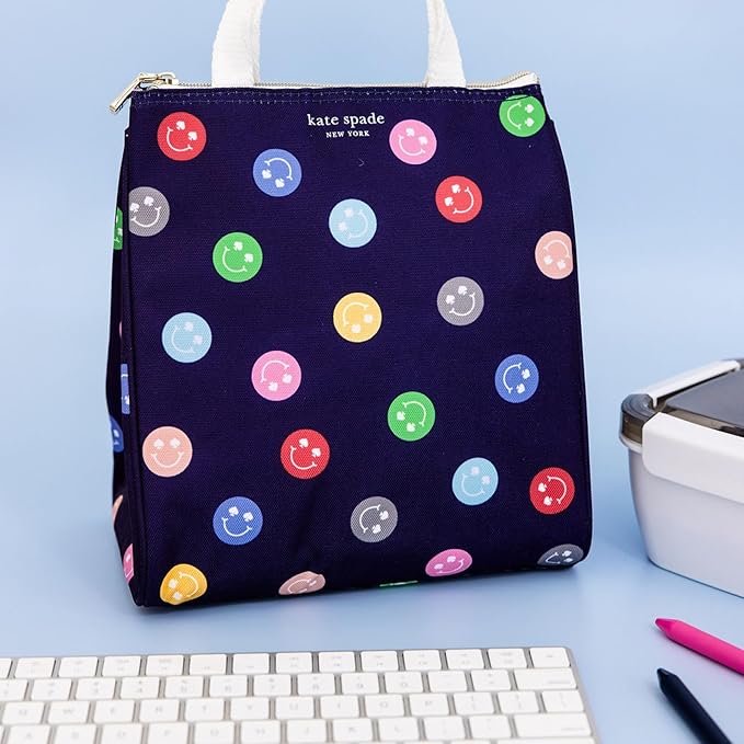 kate spade new york Cute Lunch Bag for Women, Large Capacity Adult Lunch Box with Silver Thermal Insulated Interior Lining and Storage Pocket (Spade Smiley)