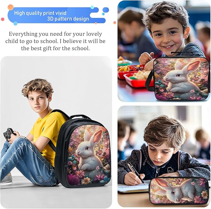 Rabbit Flower Backpack Set 3 Piece School Bags and Lunch Box with Pencil Case Rabbit Floral Animal Bookbag Set For Toddler Kids Girls Boys Teens Kindergarten Elementary Middle