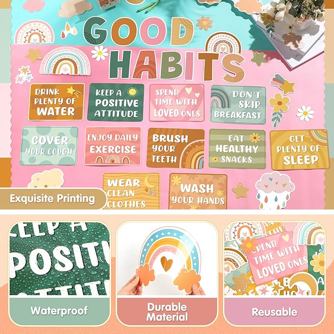Ctosree 60 Pcs Boho Healthy Bulletin Board Decorations Set Healthy Habits Poster Rainbow Flower Good Habits Cutouts for Teacher Classroom School Office Chalkboard Wall Supply