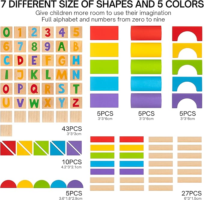 Alphabet Number Wooden Building Blocks Set -100 Blocks in 5 Water Paint Colors and 7 Shapes. Preschool Montessori Kids Baby Toys. Stacking Learning Toys for Toddlers. Age 18 Months +