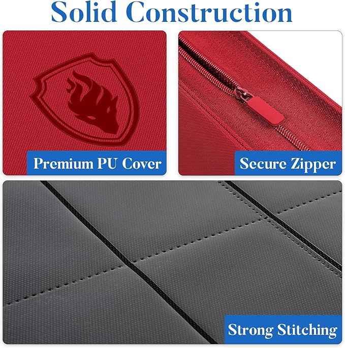 Premium Zip Card Binder, Fabmaker 9 Pocket Trading Card Binder, PU Cover Zipper Card Collection Album, Sturdy 360 Side-Loading Card Folder Holder for Game & Sports Cards, Red