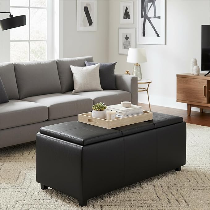 SIMPLIHOME Avalon Storage Ottoman - 42 inch Wide Upholstered Vegan Leather Rectangular Flip-Top Ottoman in Distressed Black, Contemporary Coffee Table Ottoman for Living Room with Hidden Storage
