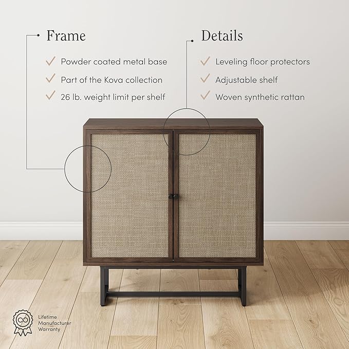 Nathan James Kova Bohemian Rattan Accent Sideboard Storage Cabinet, with Doors and Matte Black Legs, Dark Brown/Black