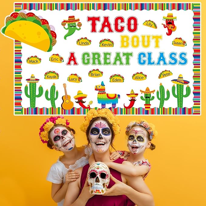 Back to School Bulletin Board Set Taco Bout a Great Class Classroom Decoration Mexican Fiesta De Mayo Themed Name Tag Cutouts for School Nursery Chalkboard Wall Door Decor Party Supplies