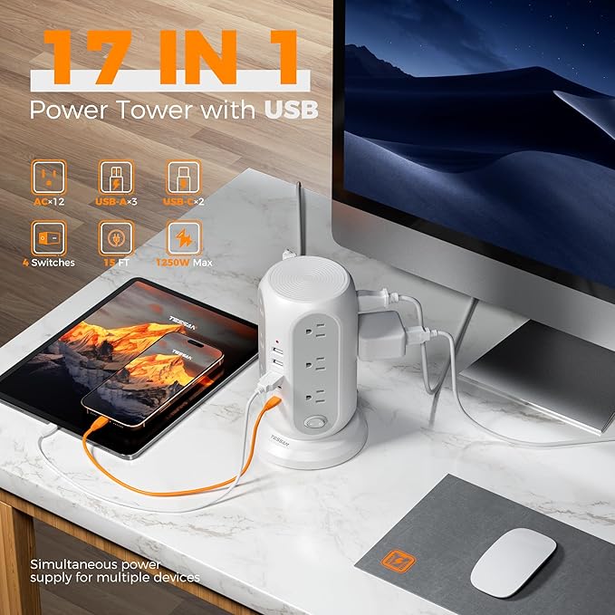 TESSAN 15 ft Extension Cord Tower Power Strip, 4 Individual Switches with 12 AC Outlets, 5 USB Ports (2 USB C), Surge Protector Flat Plug, Long Extension Cord with Multiple Outlets for Office, Dorm