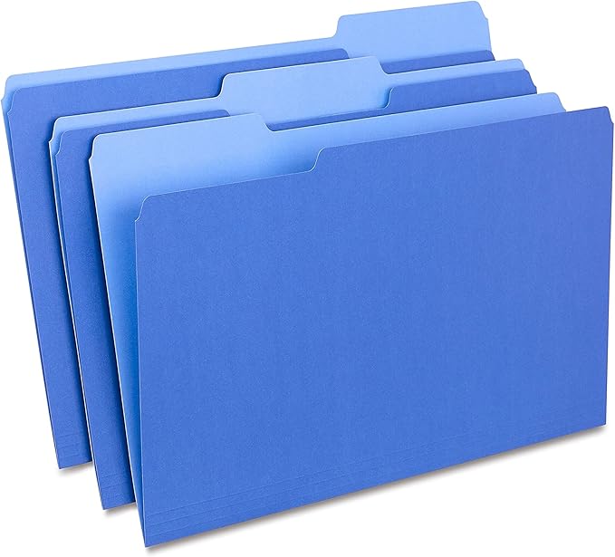 Staples File Folders, Legal Size, 1/3‑Cut Tabs, Blue, Durable Paper Stock, 200/Carton