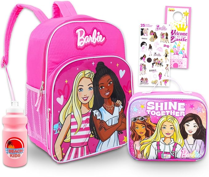 Barbie Backpack and Lunch Bag Set - Bundle with 16" School Bag, Lunch Box, Water Bottle, Stickers, More | Barbie Backpack with Lunchbox for Girls, Kids