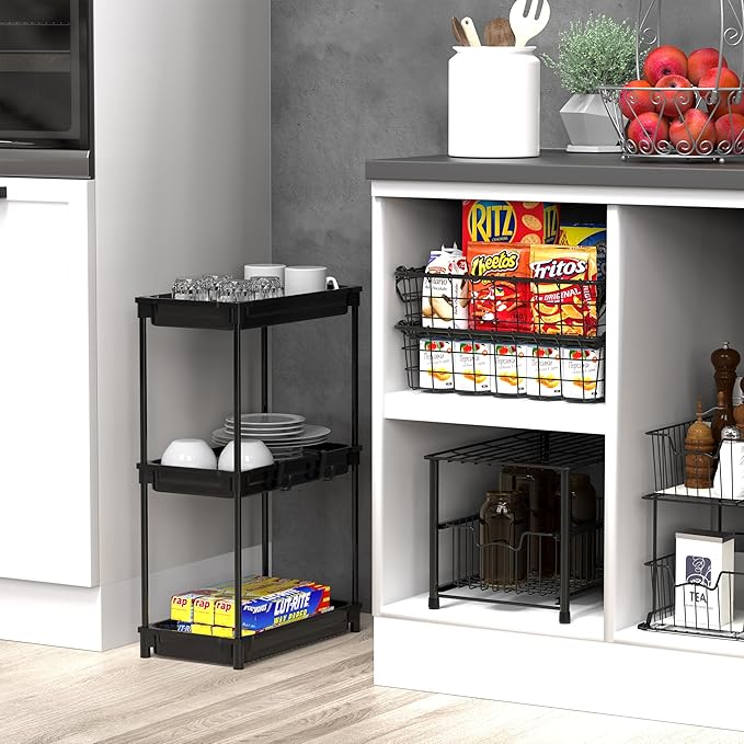 SimpleHouseware Standard 3-Tier Slim Rolling Storage Cart, Black