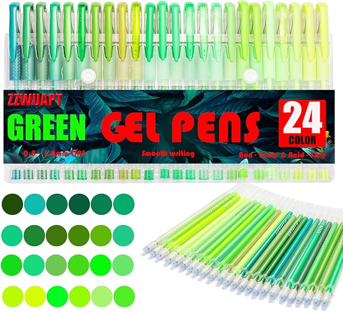 Green Gel Pens,72 Color Gel Pens Set including 24 Color Gel Pen with 48 Refills,40% More Ink Colored Gel Pens for Adult Drawing, Doodling, Scrapbook, Journaling