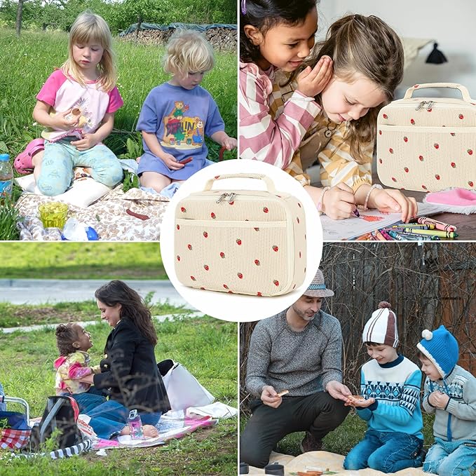 Bluboon Insulated Lunch Bag for Girls & Boys, Corduroy School Lunch Box with Cooler & Organizer Compartments, Leak-Proof Lunch Tote for School, Travel (Corduroy Strawberries Beige)