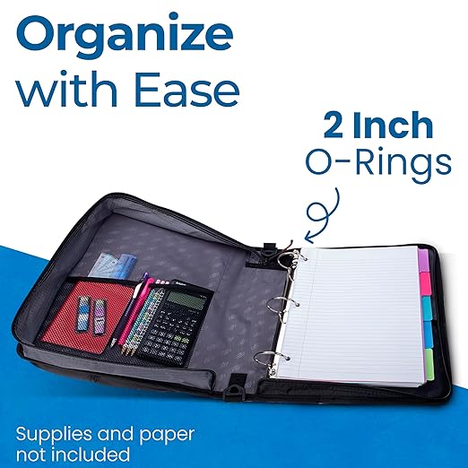Case-it The Universal Zipper Binder - 2 Inch O-Rings - Padded Pocket Holds up to 13 Inch Laptop/Tablet - Multiple Pockets - 400 Page Capacity - Comes with Shoulder Strap - Jet Black LT-007 (6 Pack)