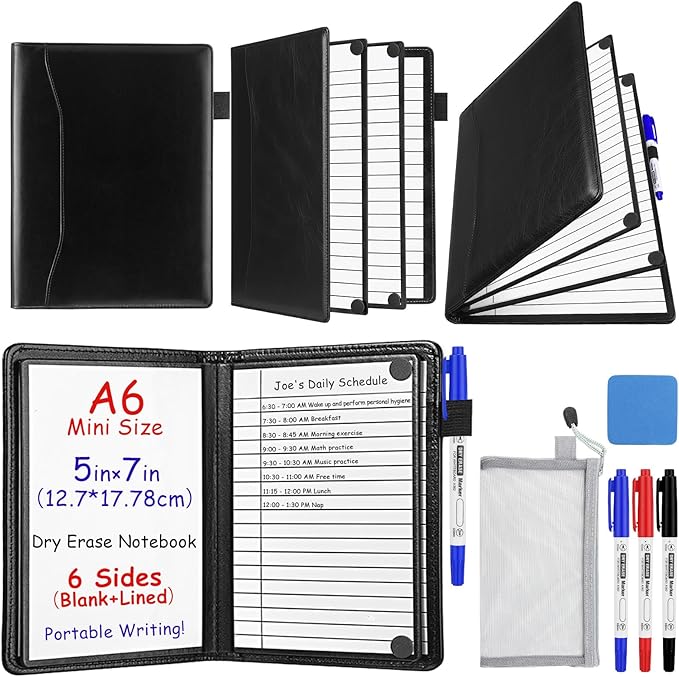 6 Sides Dry Erase Notebook Portable Whiteboards Notebook Small Reusable College Ruled Lined Board Folding Mini Travel Dry Erase White Board for Office Study(Black,A6: 5 x 7 Inches)