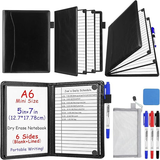 6 Sides Dry Erase Notebook Portable Whiteboards Notebook Small Reusable College Ruled Lined Board Folding Mini Travel Dry Erase White Board for Office Study(Black,A6: 5 x 7 Inches)