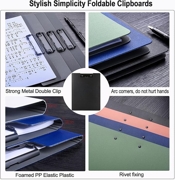 2 Pack Foldable Clipboards, A4 Office Clipboard Folder with Double Metal Clips, 360 Degree Foldable Binder Clipboard with Pen Holder, File Cover Work Folder Clipboards, Black
