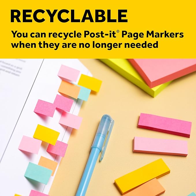 Post-it Page Markers, 1 in x 3 in, Ideal for Temporary Marking and Noting in Books, Assorted Colors, 100 Sheets/Pad, 3 Pads/Pack (5487)