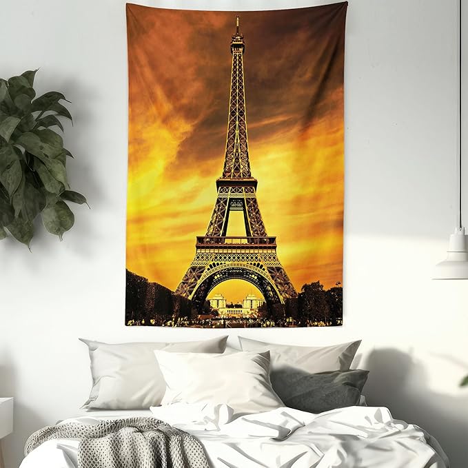 Ambesonne Eiffel Tower Tapestry Twin Size, Paris Love City Monument in Dramatic Sunrise Picture of French Landmark, Wall Hanging Bedspread Bed Cover Wall Decor, 68" X 88", Yellow Brown