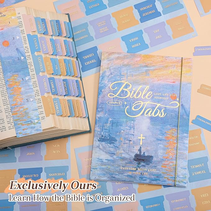 Bible Tabs, 66 Gold Foil Pre-Printed Chapter Labels + 39 Blank Impression Sunrise Theme Laminated Index Tabs with Alignment Ruler, Bible Journaling Study Supplies for Women & Men, Bible Accessories