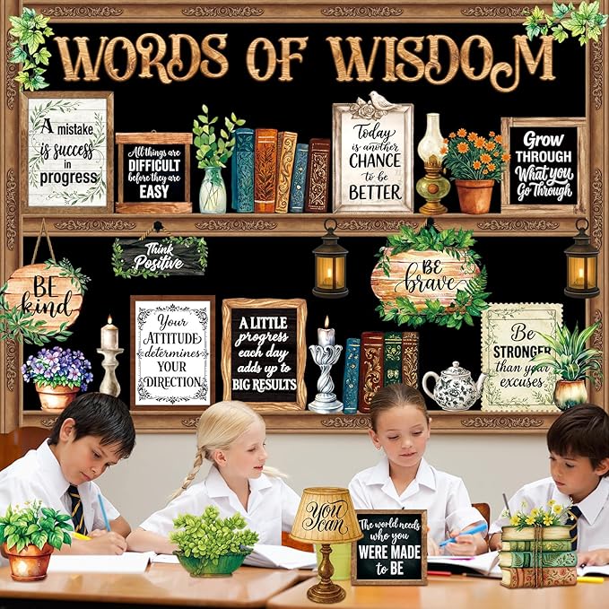 57 Pcs Vintage Plant Bulletin Board Set Inspirational Greenery Classroom Decoration Potted Plant Flower Cutout for School Office Chalkboard Door Wall Decor