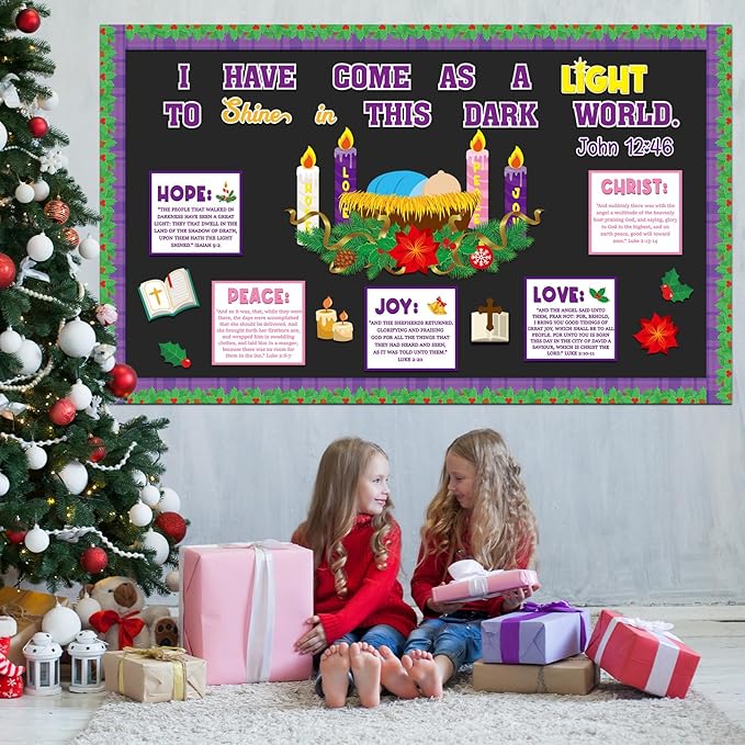 Christian Nativity Religious Christmas Bulletin Board Decorations Set Xmas Advent Wreath Candle Light of My Life Cutouts for Classroom School Home Chalkboard Wall Winter Holiday Party Decor Supplies