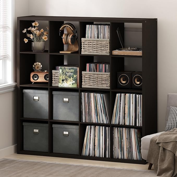 Furinno Cubicle Record Player Stand with Vinyl Storage, 16-Cube 1.2 Extra Thick Vinyl Record Storage, Open Back Media Shelf for CD DVD Blueray Game Disc, for Living Room, Home Office, Black Dark Oak