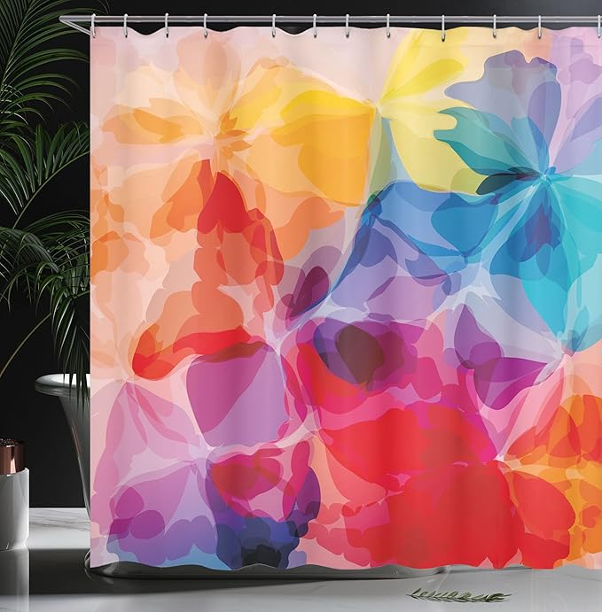 Ambesonne Floral Shower Curtain, Vibrant Colors Abstract Creative Watercolor Style Flower Pattern Design, Cloth Fabric Bathroom Decor Set with Hooks, 69" W x 84" L, Multicolor Vermilion Apricot