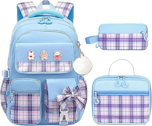 3PCS Girls Backpack Set for School - Cute Kids Bookbag with Lunch Box & Pencil Case, Stylish Backpack Combo for Girls Preschool Elementary Middle High School Students Teens Blue