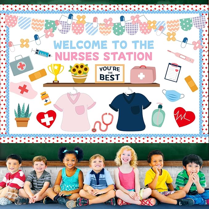 79Pcs School Nurse Bulletin Board Decorations Set Welcome Back to School Classroom Decorations Kit Nurse Appreciation Office Decor Medical RN Cutouts Healthcare Workers Decor for Chalkboard Wall Door