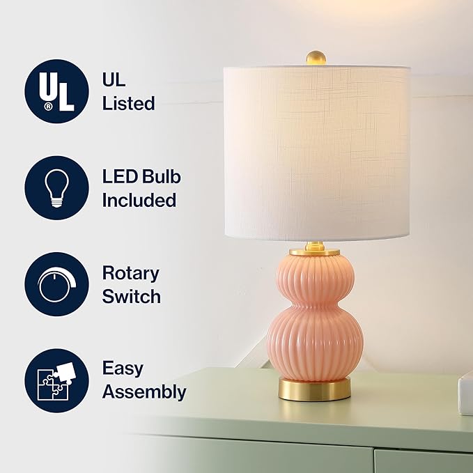 JONATHAN Y 20" Pink/Brass Gold Ribbed Gourd Glass Table Lamp, Modern Bedside Lamp for Bedroom Living Room, White Linen Drum Shade, LED Bulb Included (JYL1099B)