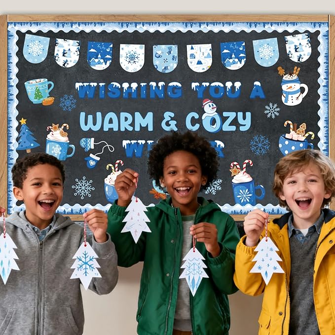 Aposwow Winter Bulletin Board Decorations - Christmas Hot Cocoa Holiday Classroom Decorations Set Wish You A Warm Cozy Winter Paper Cutouts Bulletin Board Decor School Office Wall Decor Supplies