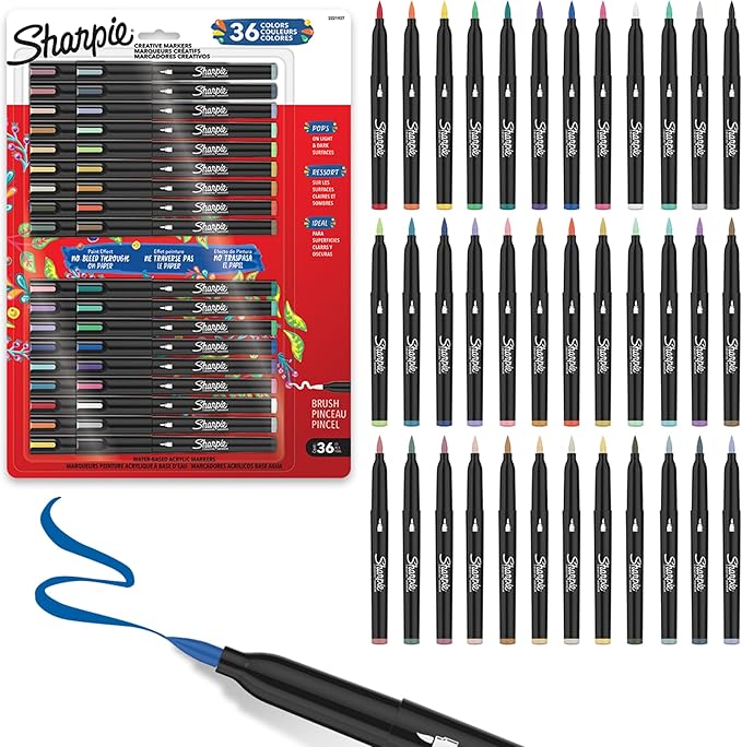 Sharpie Creative Markers Variety Pack, Water-Based Acrylic Paint Markers, Brush Tip, Assorted, 36 Count