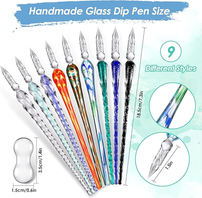 Outus 9 Pieces Glass Dip Pen Handmade Glass Signature High Borosilicate Crystal Vintage Dip Pen with 9 Pieces Penholder for Writing Drawing Calligraphy(Fashion Style,Mixed Color)