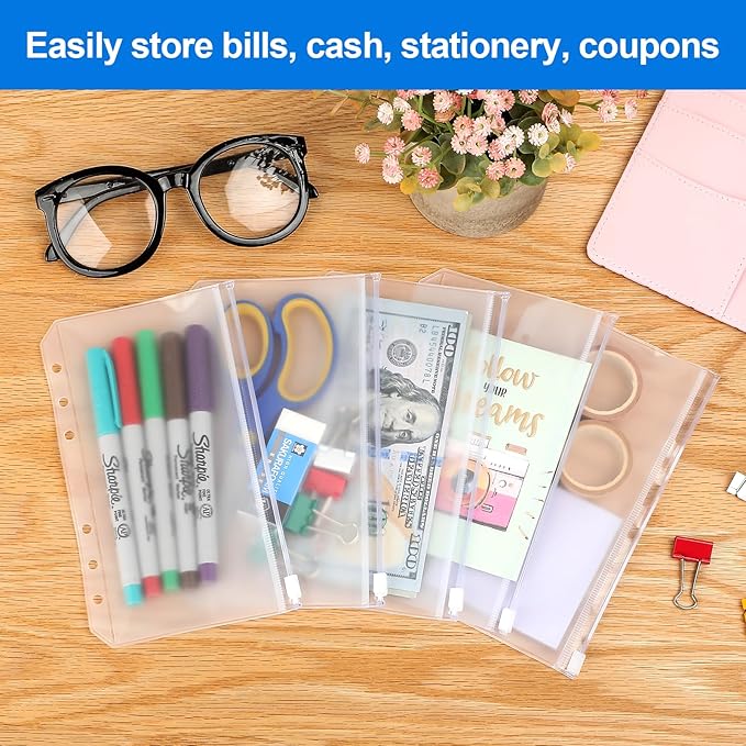 KTRIO 16PCS A6 Binder Pockets 6 Holes Cash Envelopes for Budgeting, Clear Zipper Pouch Folders A6 Planner Inserts, Waterproof PVC Loose Leaf Filing Bags Plastic Money Coupon Sticky Notes Organizer