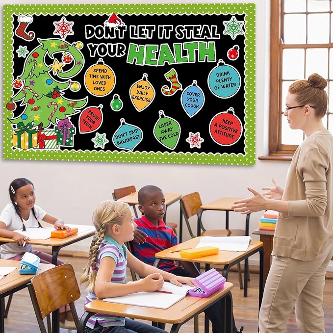 Christmas Bulletin Board Decorations Christmas Accents Healthy Habits Cutouts Red Green Xmas Elf Tree Paper Classroom Decors for Winter Holiday School Classroom Chalkboard Wall Decor Supplies