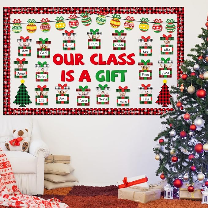 Christmas Bulletin Board Decoration Set Xmas Gift Boxes Cutouts Classroom Decoration Xmas DIY Photo Craft Cutouts Christmas Tree Bulletin Boards for Holiday School Class Chalkboard Wall Decor Supplies