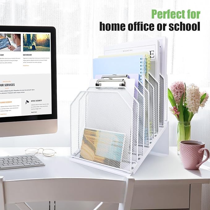 Inclined File Organizer for Desk, 7-Tier Vertical File Folder Holder Office Desk Organizer Metal Rack File Wire Mesh Desktop Document Sorter for Office School Classroom Home (White)